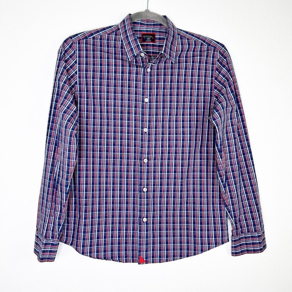 Untuckit Cormons Button Down Shirt Mens Size Large Red White Blue Plaid Slim Fit - Picture 2 of 10